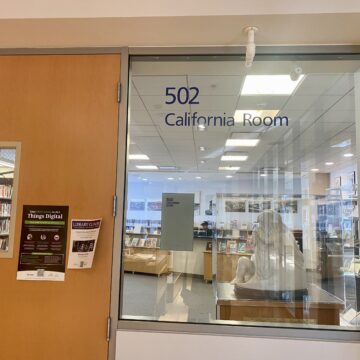 The door and window to a room in a library in San Jose, California