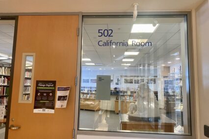 The door and window to a room in a library in San Jose, California