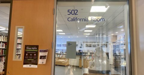 The door and window to a room in a library in San Jose, California
