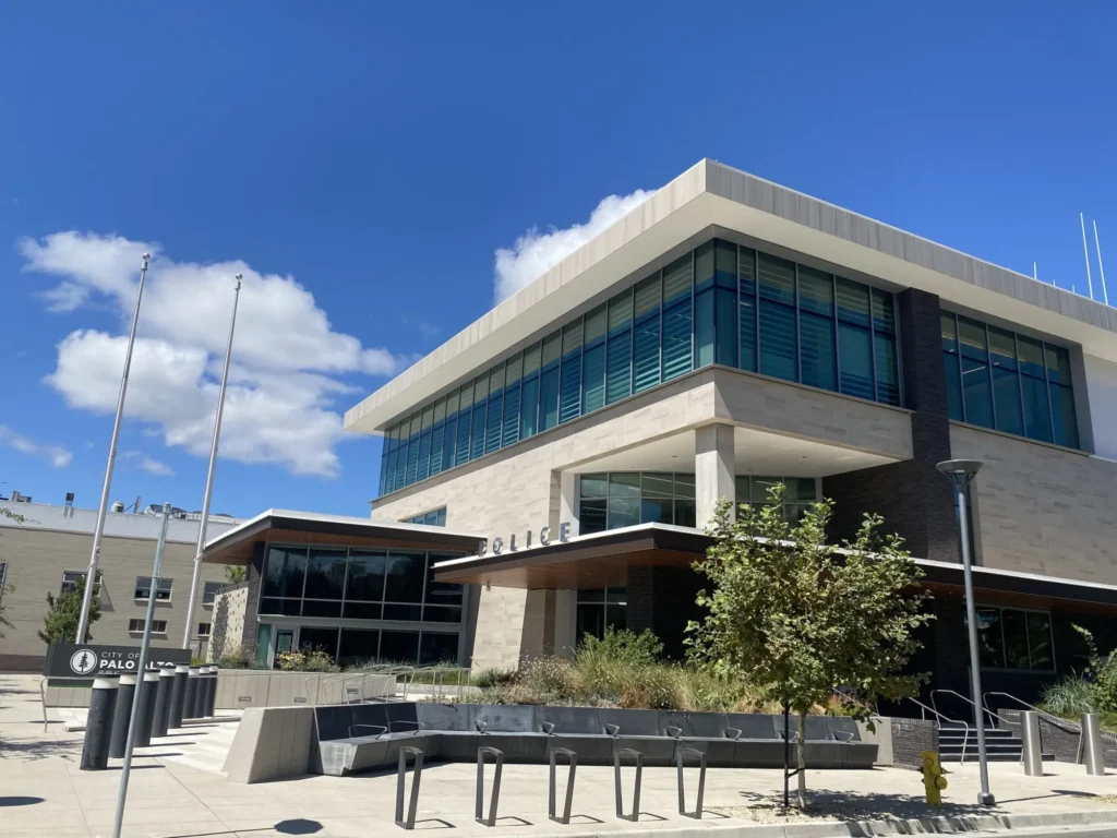 The exterior of a police station in Palo Alto, California