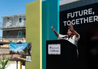 A woman speaks at a podium in Palo Alto, California