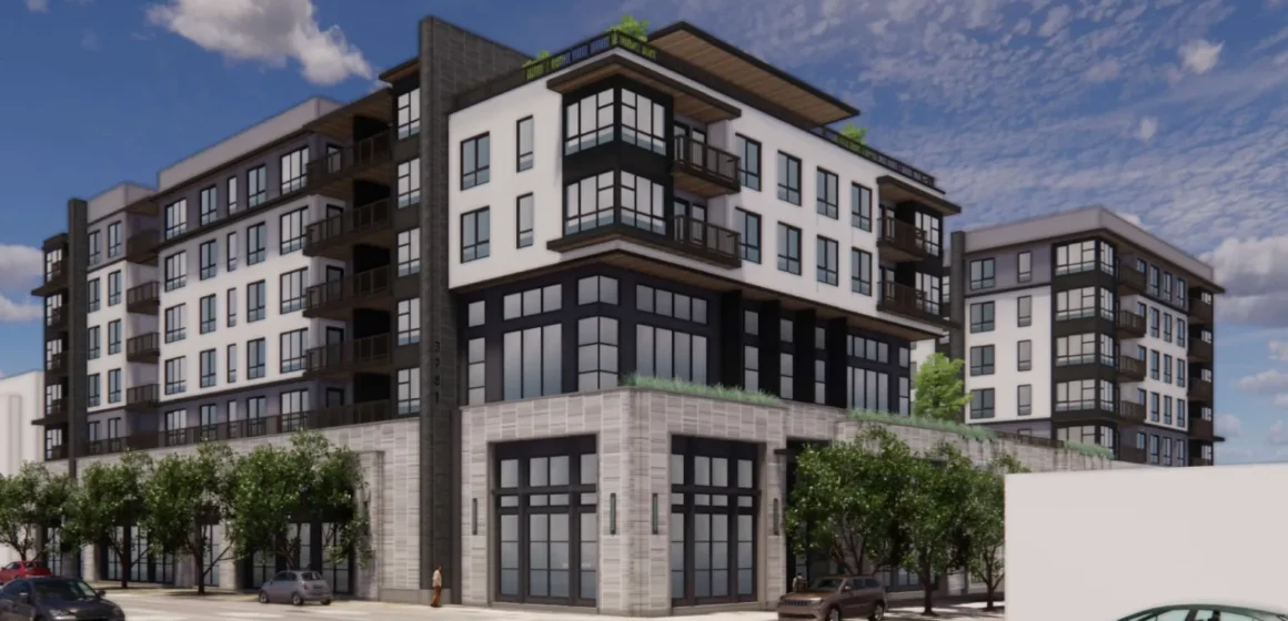 A rendering of a multistory apartment complex in Palo Alto, California