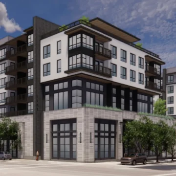 A rendering of a multistory apartment complex in Palo Alto, California