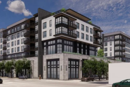 A rendering of a multistory apartment complex in Palo Alto, California