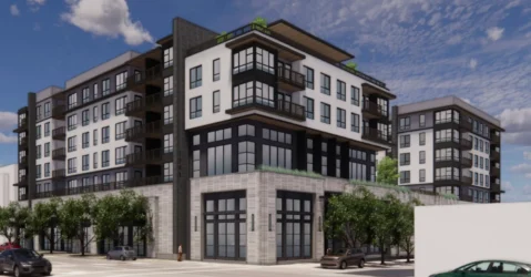 A rendering of a multistory apartment complex in Palo Alto, California