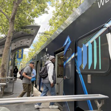 VTA People boarding a light rail train in downtown San Jose, California