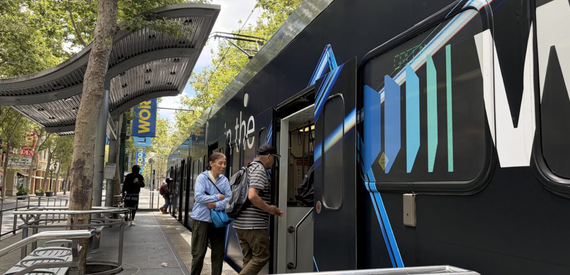 VTA People boarding a light rail train in downtown San Jose, California