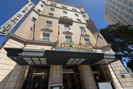 The exterior of a hotel in downtown San Jose, California