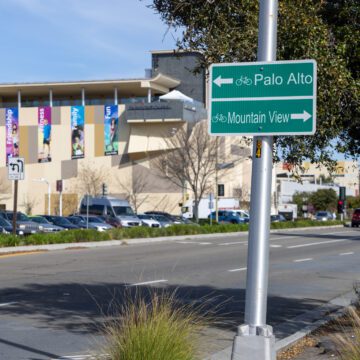 San Antonio Road in Palo Alto on March 13, 2024. Photo by Devin Roberts. Street with sign in Palo Alto, California