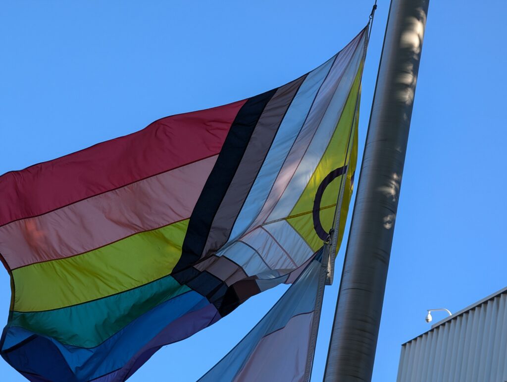 A pride flag representing intersex-inclusive progress raised in San Jose, California
