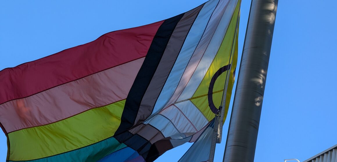 LGBTQ OFFICE 10 YEARS A pride flag representing intersex-inclusive progress raised in San Jose, California