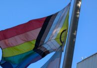 A pride flag representing intersex-inclusive progress raised in San Jose, California