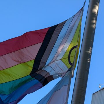 A pride flag representing intersex-inclusive progress raised in San Jose, California