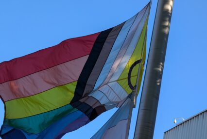 A pride flag representing intersex-inclusive progress raised in San Jose, California