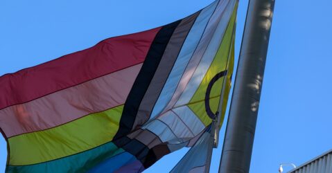 A pride flag representing intersex-inclusive progress raised in San Jose, California