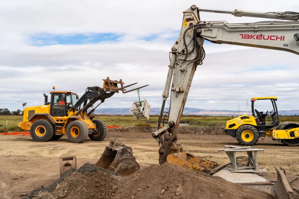 Construction vehicles and equipment on a development site in Palo Alto, California