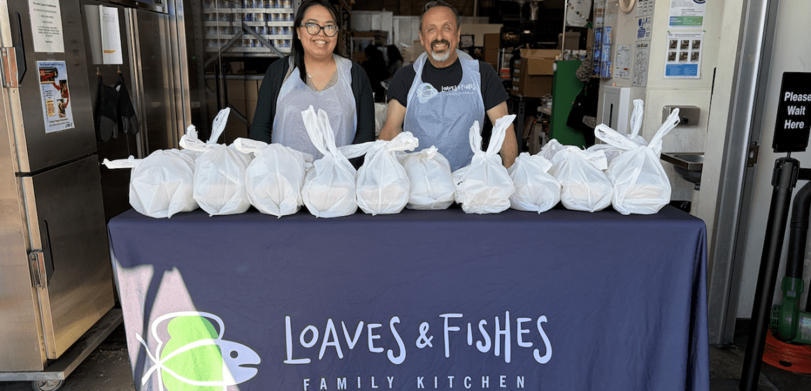 Volunteers serving hot meals