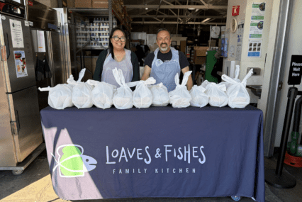 Volunteers serving hot meals