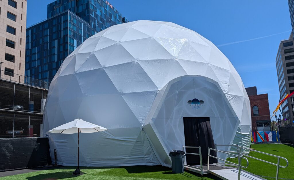 A white geodesic dome in San Jose, California