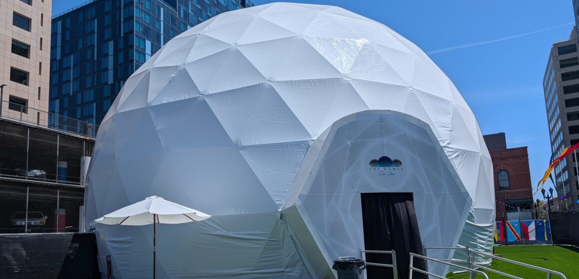 A white geodesic dome in San Jose, California