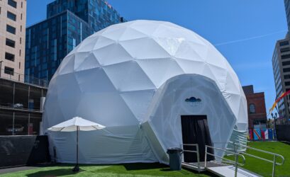 A white geodesic dome in San Jose, California