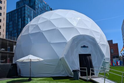 A white geodesic dome in San Jose, California