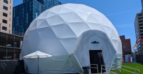A white geodesic dome in San Jose, California