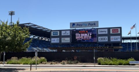 The exterior of a stadium in San Jose, California