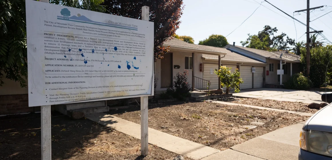 Gamel Way MV Embarcadero A development project sign in front of a home in Mountain View, California