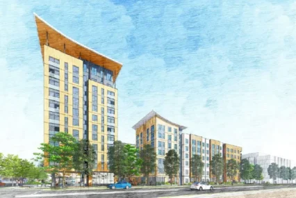 A rendering of an affordable housing development in Mountain View, California