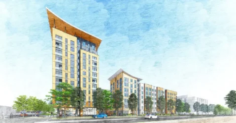 A rendering of an affordable housing development in Mountain View, California