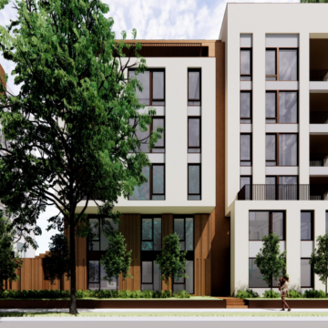 Renderizado de desarrollo de Palo Alto SB 79 Embarcadero Representación de un proyecto urbanístico en Palo Alto, California.