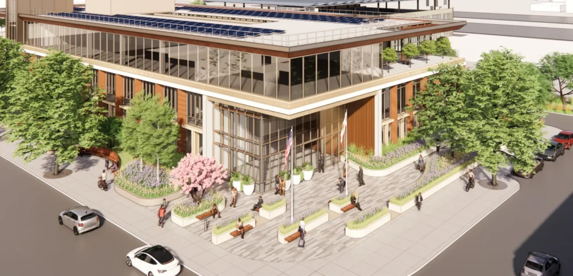 A rendering of a proposed police and fire headquarters in Mountain View, California