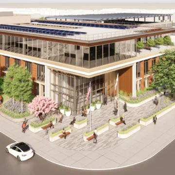 A rendering of a proposed police and fire headquarters in Mountain View, California