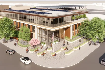 A rendering of a proposed police and fire headquarters in Mountain View, California