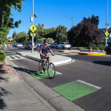Mountain View California Street bike lanes Embarcadero A man on a bicycle in a bike lane in Mountain View, California