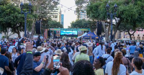 A crowd of people watching an outdoor music performance in San Jose, California