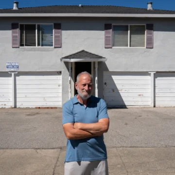 A man standing outside an apartment building in Mountain View, California