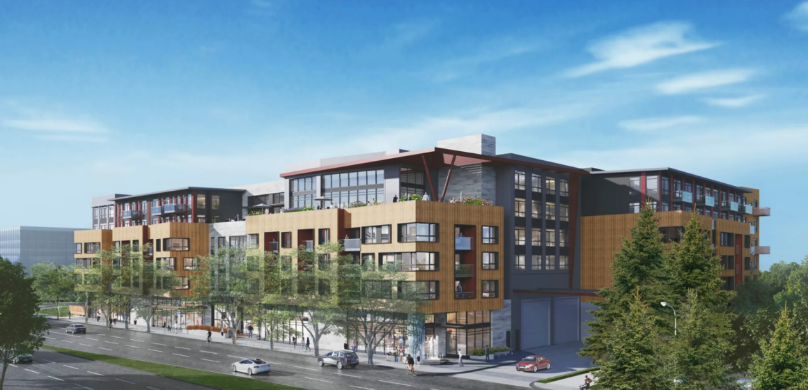 Palo Alto Fish Market development rendering Embarcadero A rendering of a housing development in Palo Alto, California