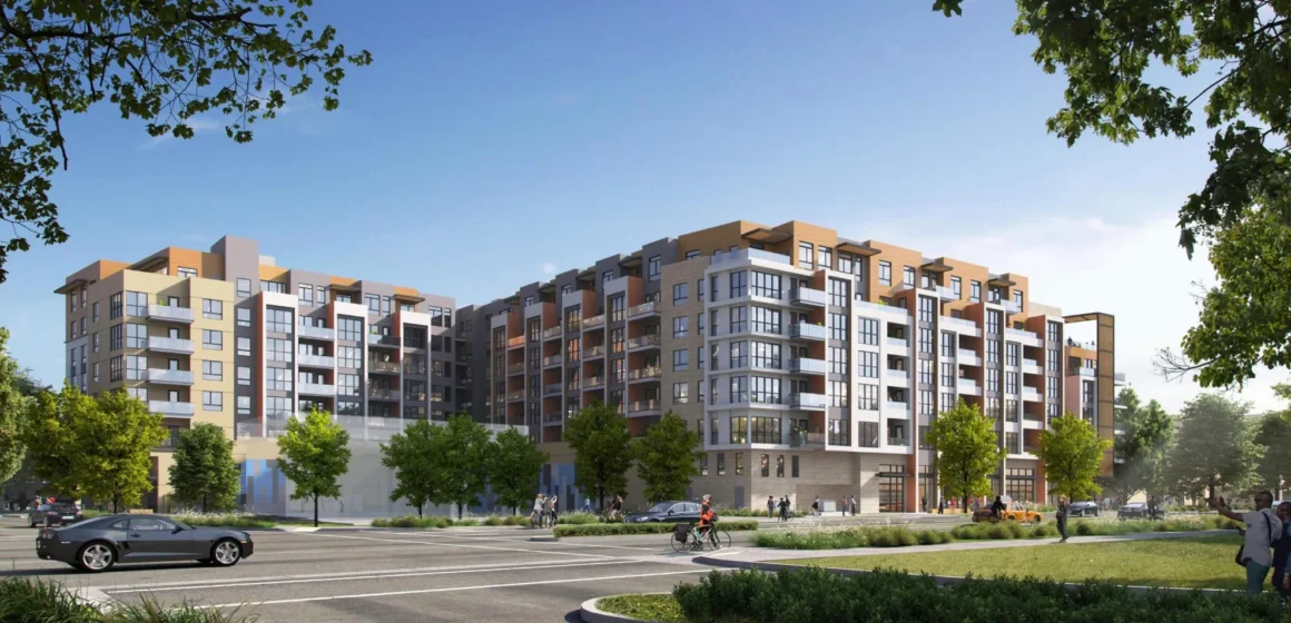 Palo Alto 8-story dev rendering Embarcadero A rendering of an 8-story housing development in Palo Alto, California