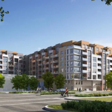 Palo Alto 8-story dev rendering Embarcadero A rendering of an 8-story housing development in Palo Alto, California