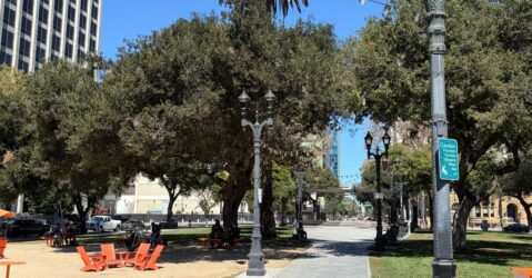 An outdoor plaza in downtown San Jose, California