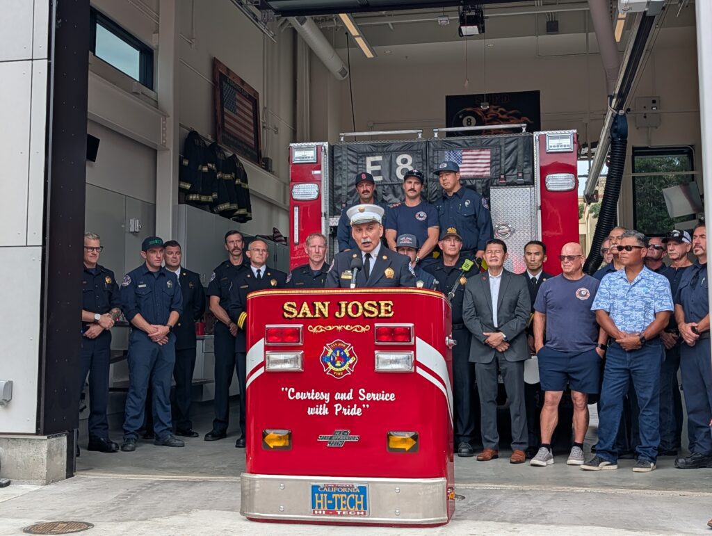 Firefighters standing in a new station in San Jose, California