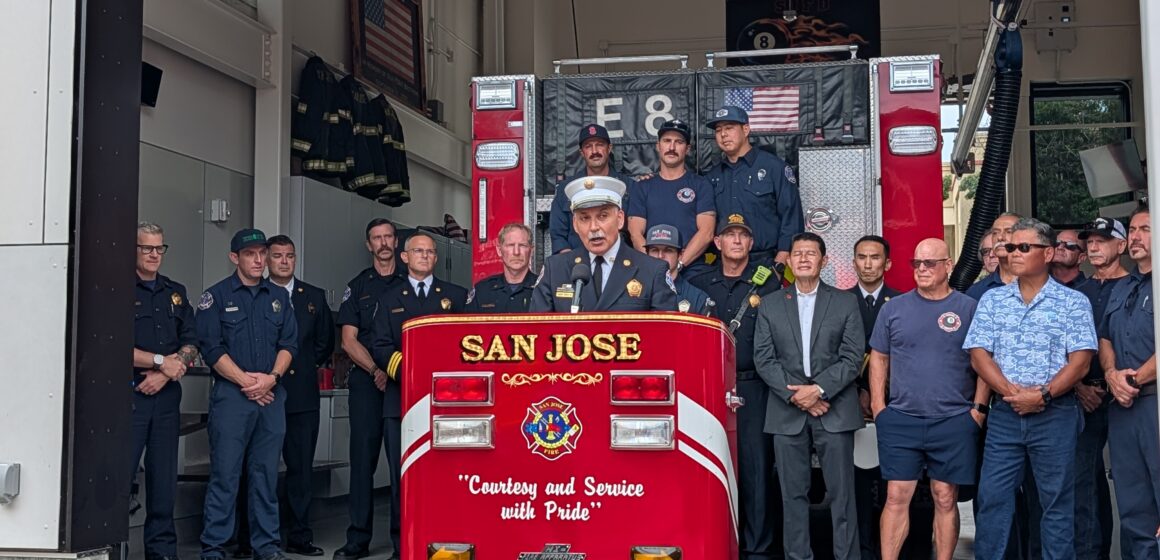 FIRE STATION 8 OPENING Firefighters standing in a new station in San Jose, California