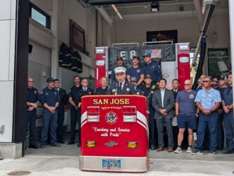 FIRE STATION 8 OPENING Firefighters standing in a new station in San Jose, California