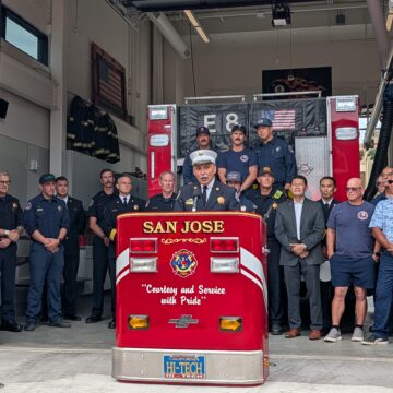 Firefighters standing in a new station in San Jose, California