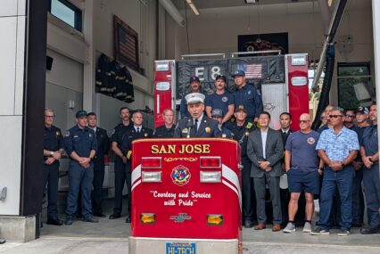 Firefighters standing in a new station in San Jose, California