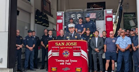 Firefighters standing in a new station in San Jose, California