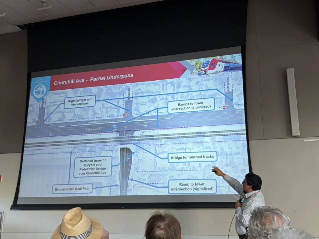 A person pointing at a projector screen during a government meeting in Palo Alto, California