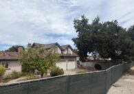 A house and a tree behind a green fence.